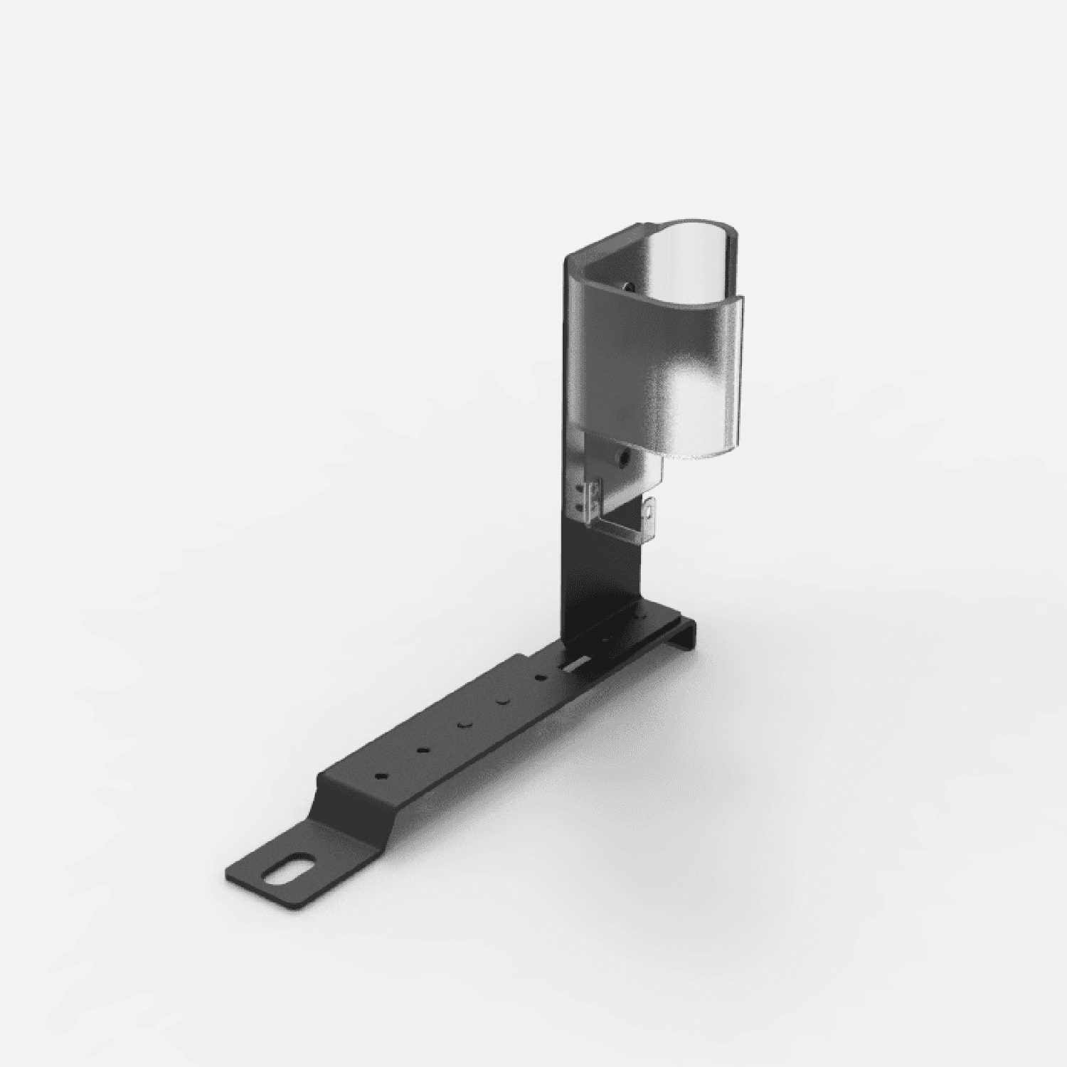 The Car Mount 2.0 assembled: a black steel seat bracket, extension arm and mount plate