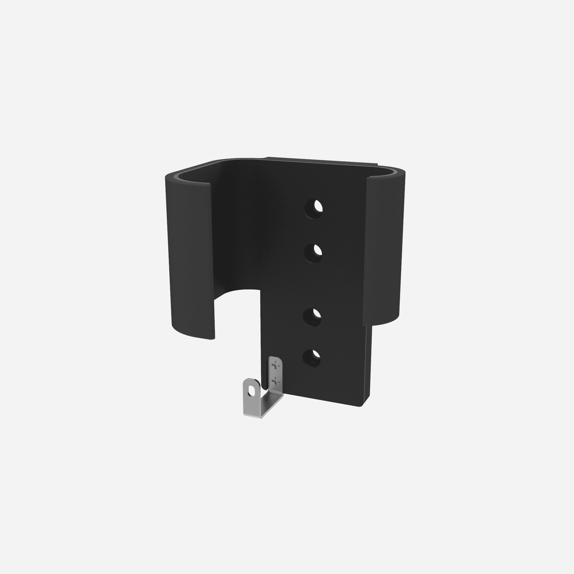The Security Mount on its own: a black steel cradle with four mounting holes